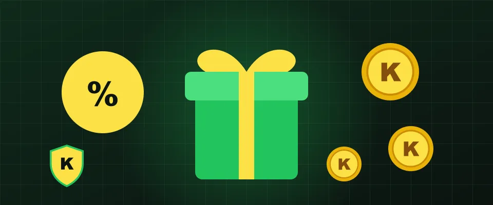 Casino Kinbet rewards illustration with a gift box, a percent badge and coins Casino Kinbet rewards illustration with a gift box, a percent badge and coins